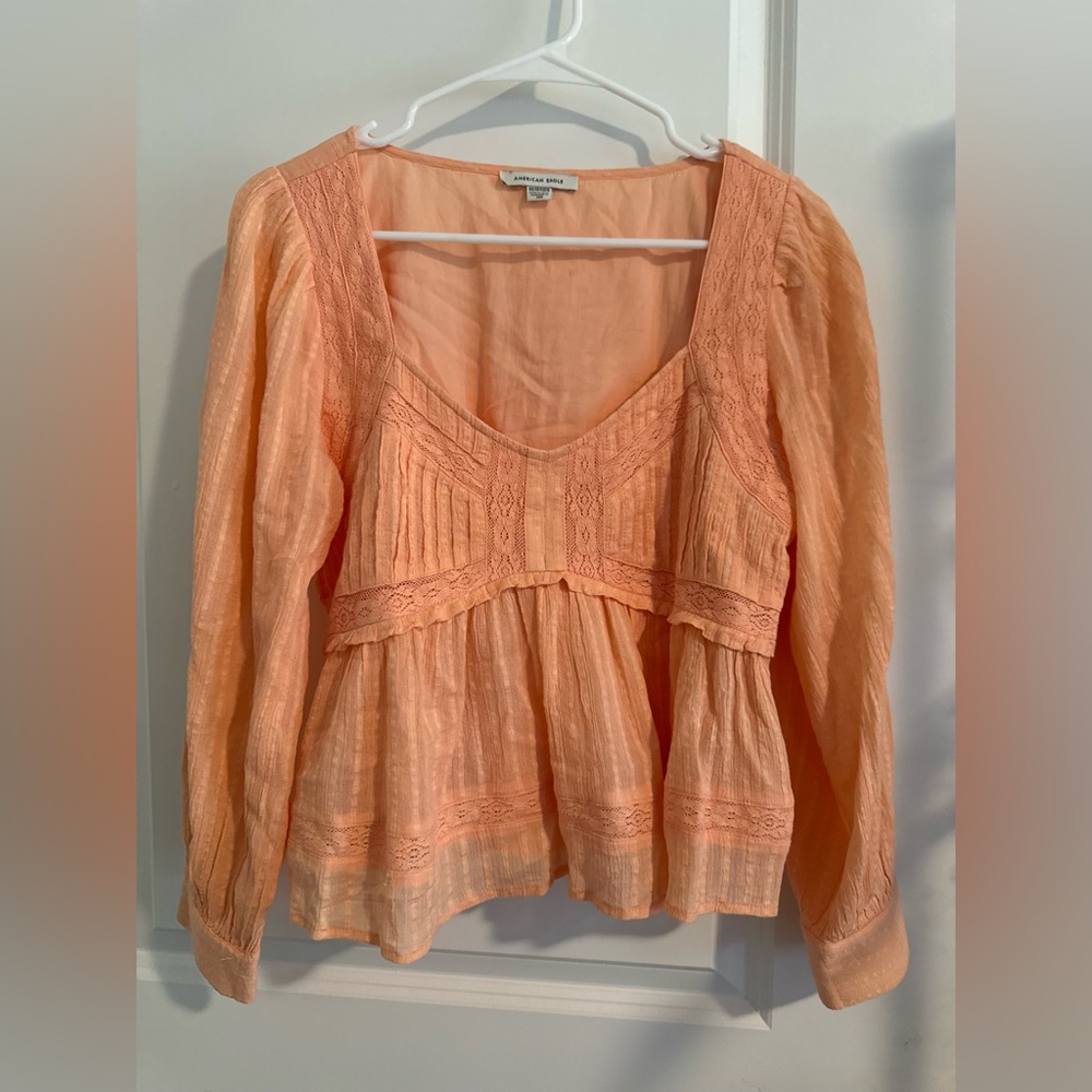 American Eagle Coral Peach Gauze Babydoll Peasant Top XS Y2K Cottagecore Cotton